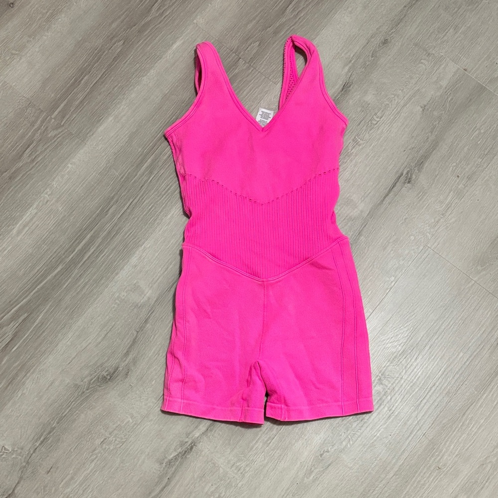 JoyLab Bright Pink Ribbed V-Neck Romper